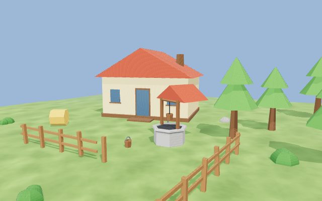 countryside house with a well